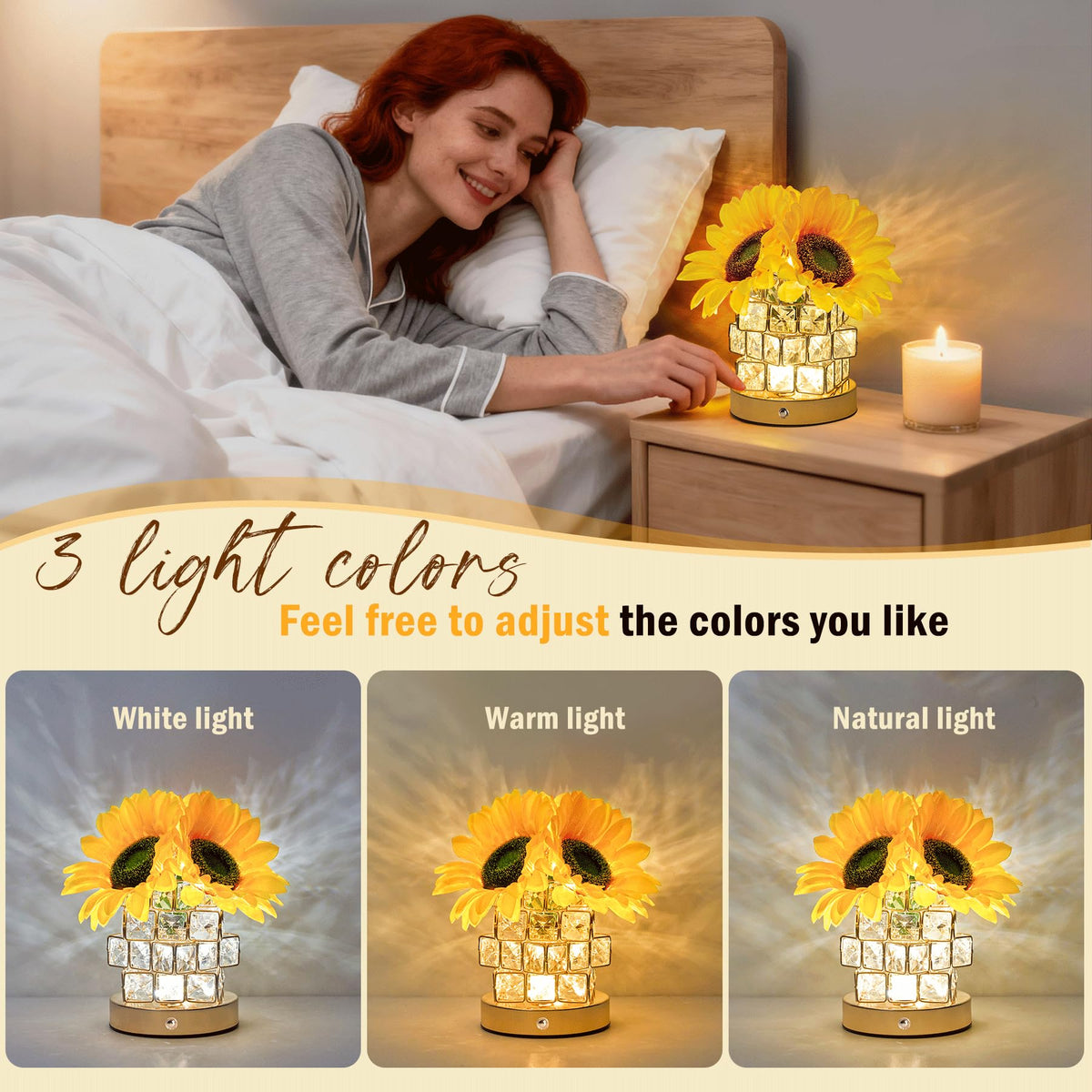 NuuNuy sunflower lamp with silk-petals creates warm bedroom ambience.