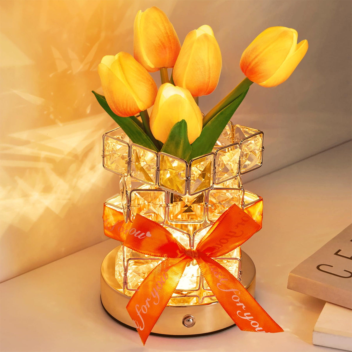 NuuNuy Tulip Flower Lamp in a crystal vase adds timeless bedside elegance.
