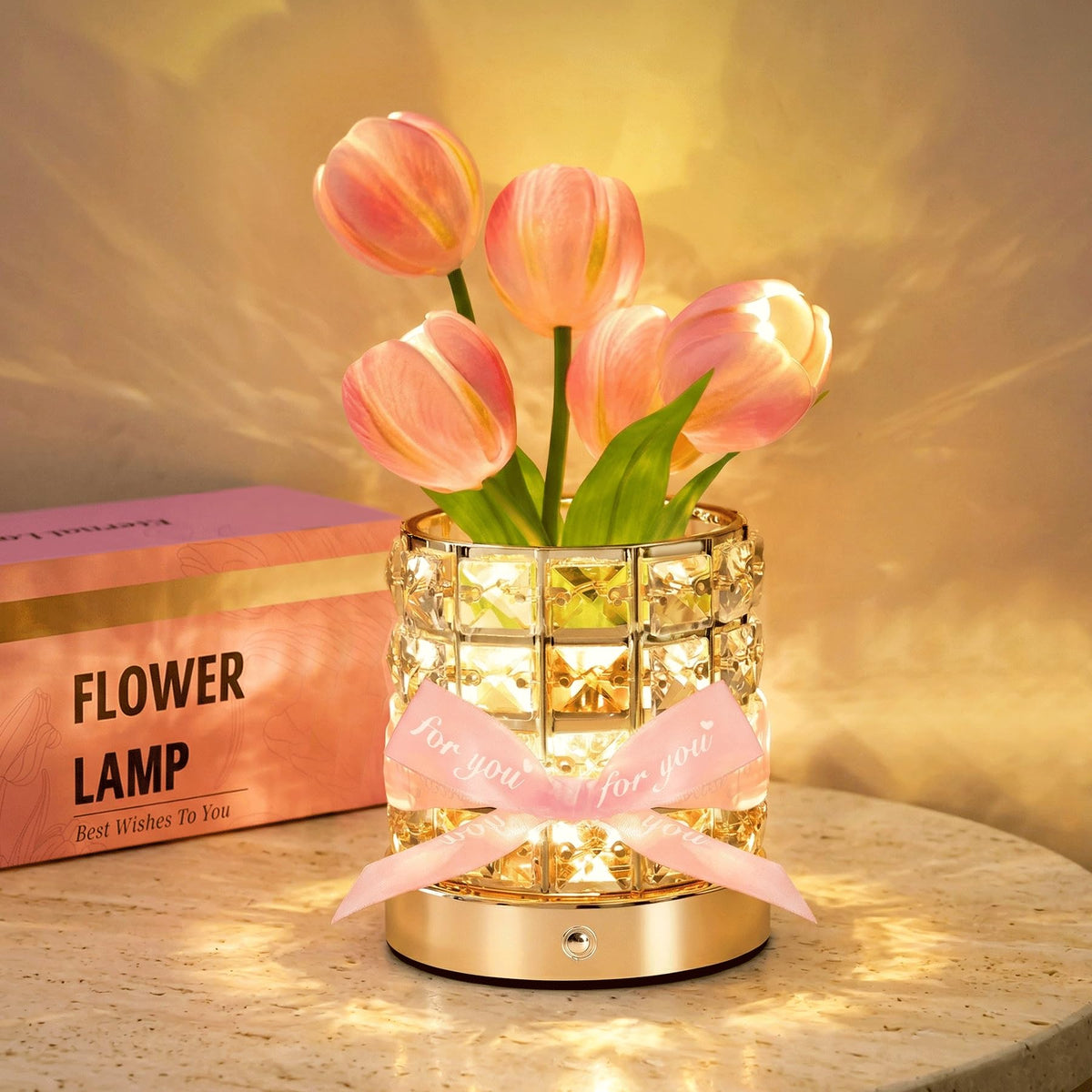 NuuNuy Tulip Flower Lamp on table showing warm ambient glow