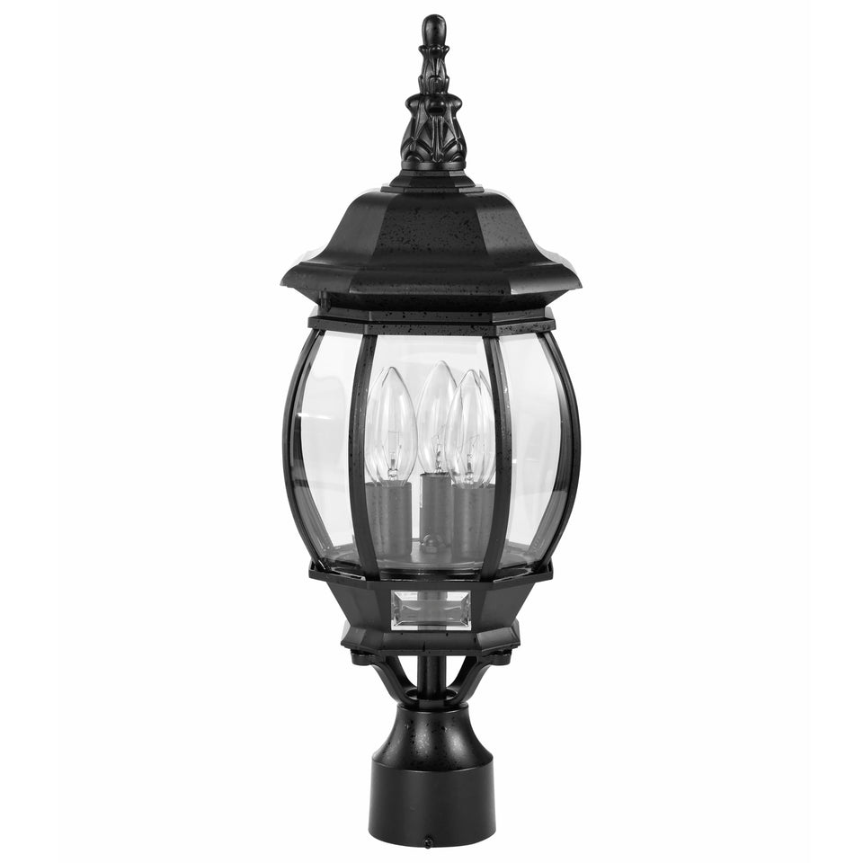 Nuvo 3 Light post lantern with clear beveled glass enhances curb appeal.