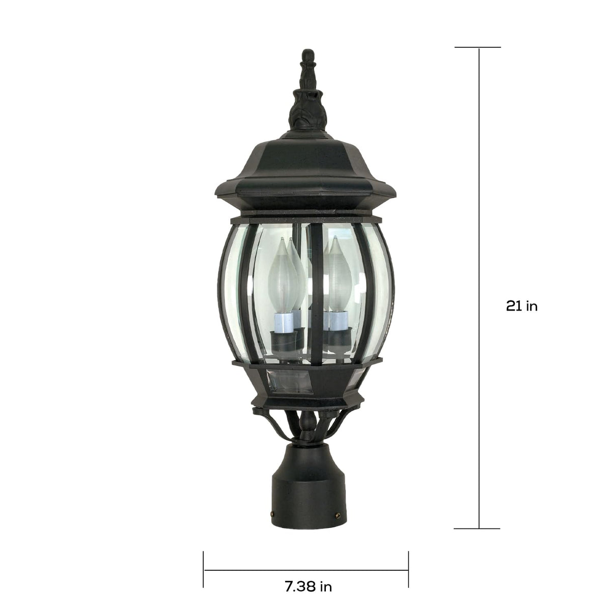 Nuvo 3 Light post lantern clear beveled glass close-up showcases clarity.