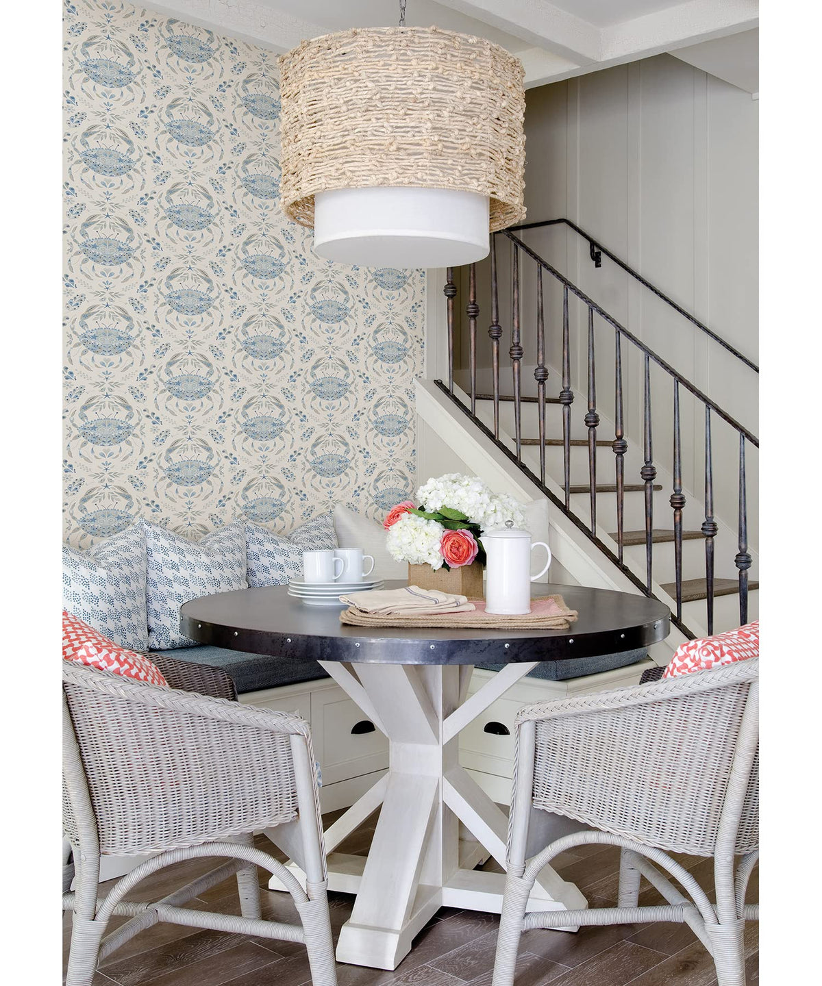 NuWallpaper Blue Shellby damask close-up shows pastel motifs for coastal styling.