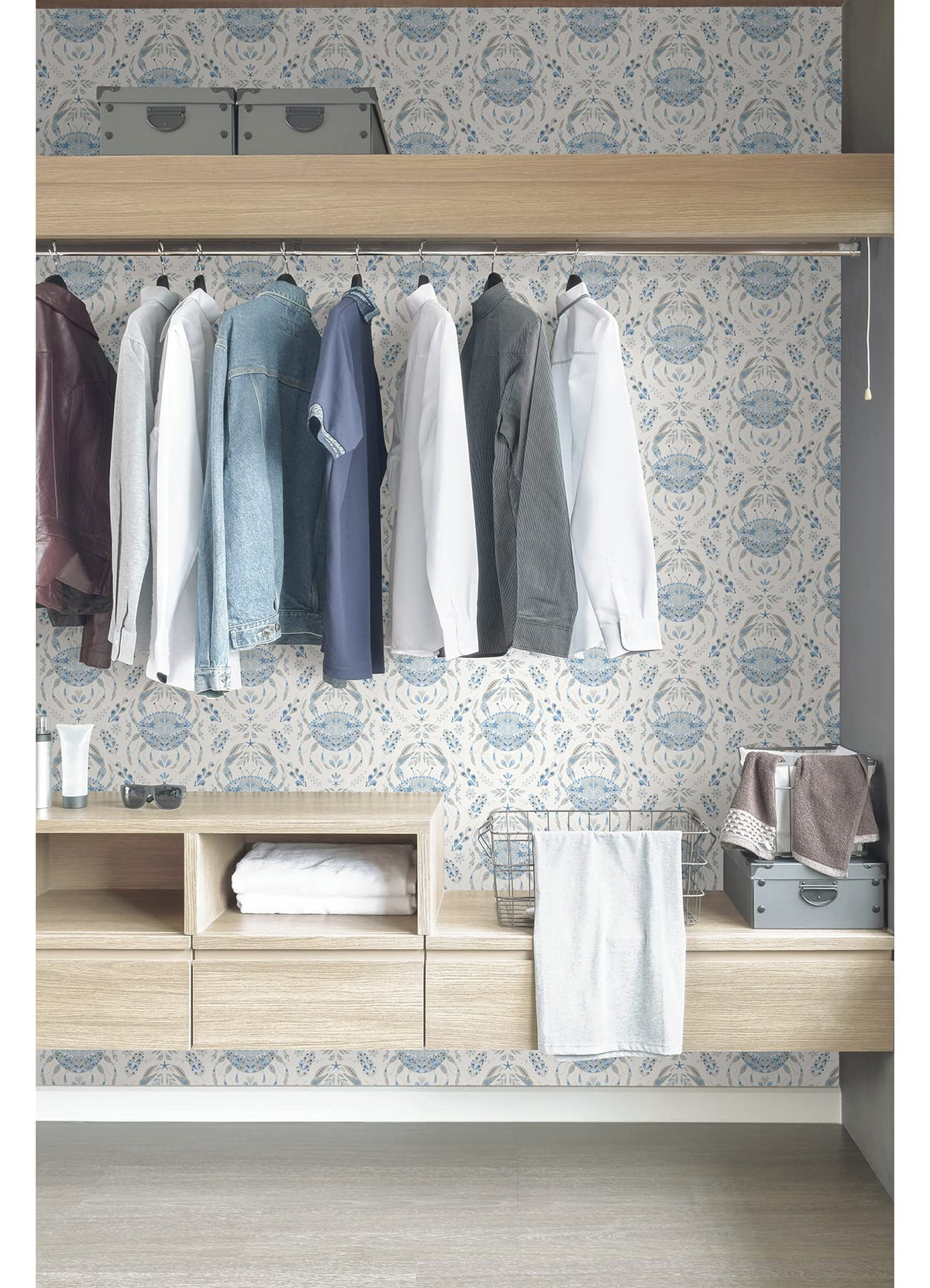 NuWallpaper Blue Shellby damask roll packaging shown for quick setup.