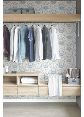 NuWallpaper Blue Shellby damask roll packaging shown for quick setup.