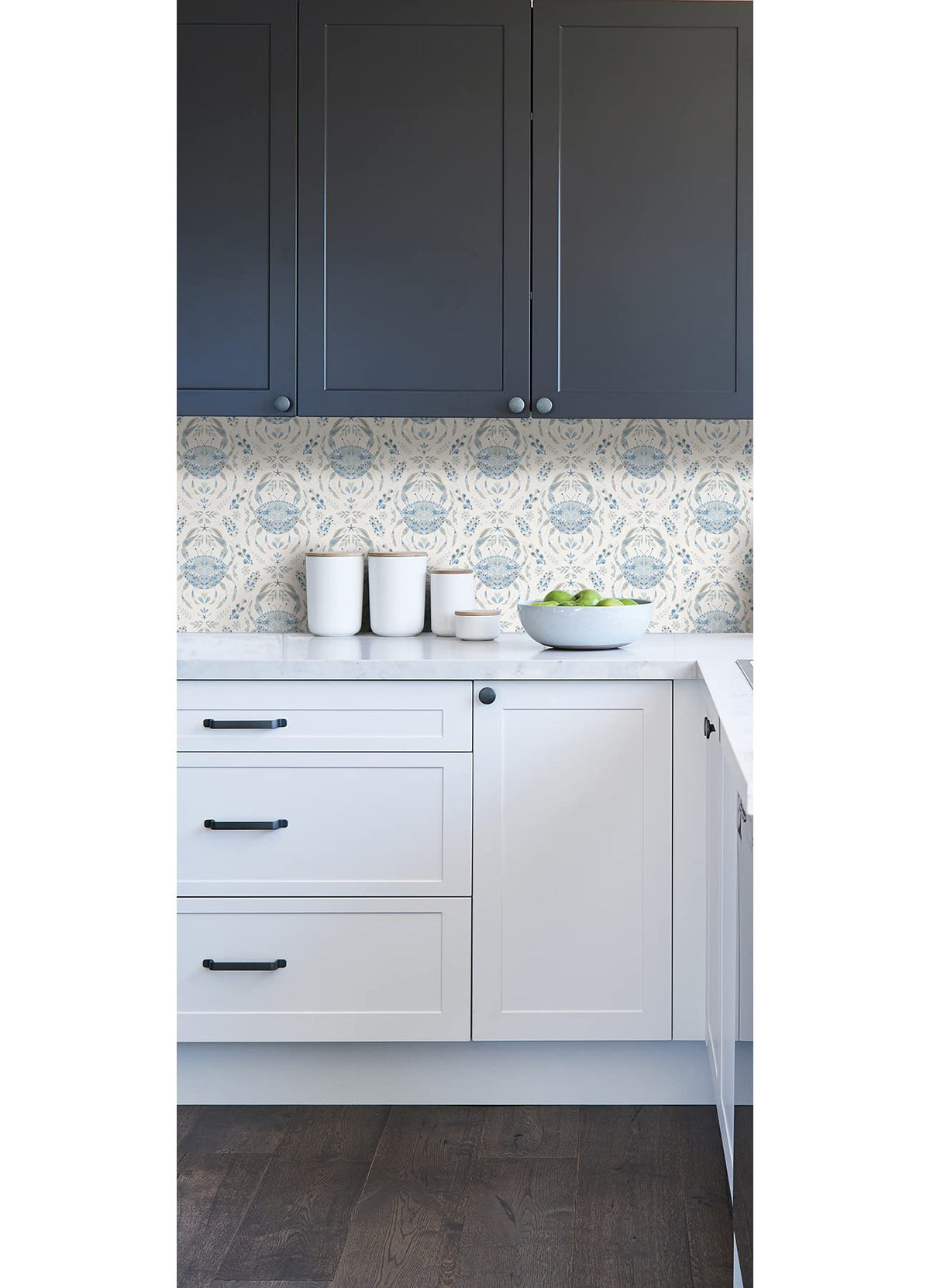 NuWallpaper Blue Shellby damask removal-friendly finish supports easy updates.