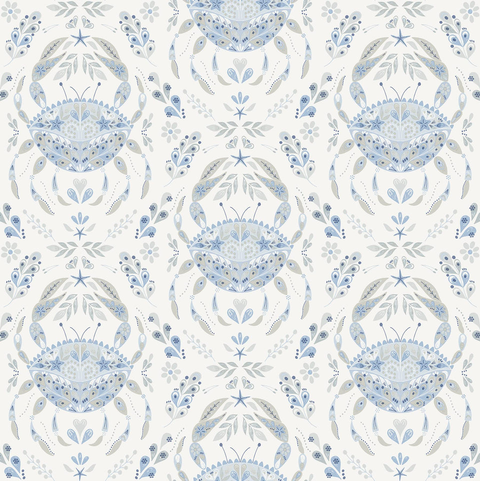 NuWallpaper Blue Shellby damask roll for coastal spaces with easy application.