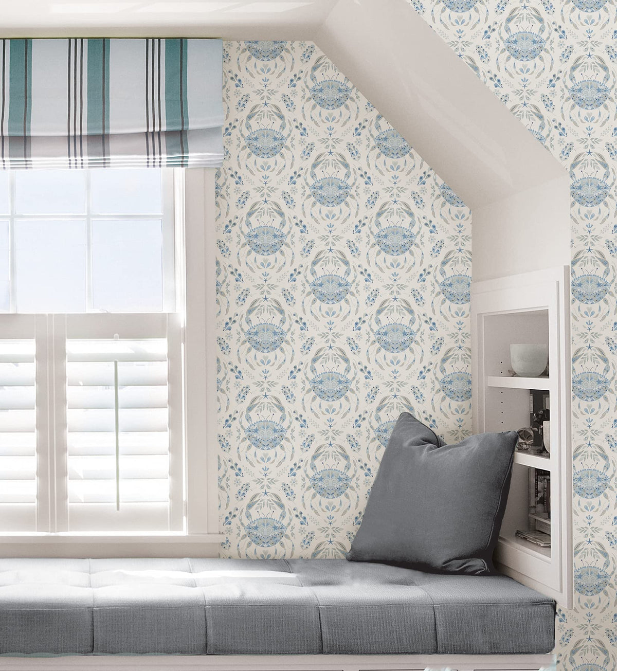 NuWallpaper Blue Shellby damask room idea illustrates versatile DIY use.
