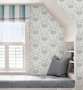 NuWallpaper Blue Shellby damask room idea illustrates versatile DIY use.