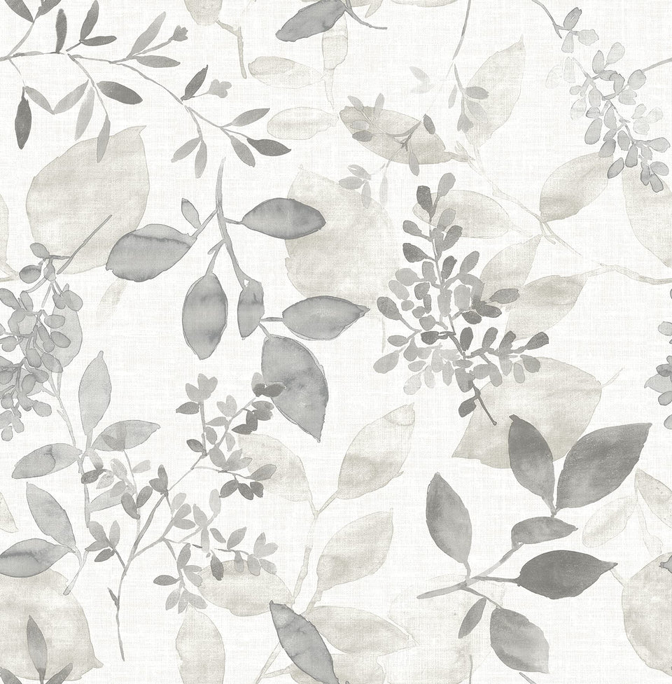 NuWallpaper Breezy watercolor botanical grey roll—removable and easy to install.