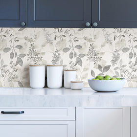 NuWallpaper Breezy grey leaves design—covers 30.75 sq ft per roll.