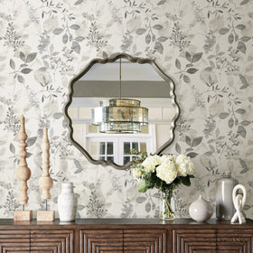 NuWallpaper Breezy Peel and Stick application in grey—repositionable for rentals.