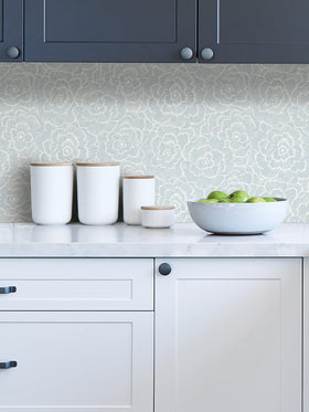 NuWallpaper Saraya blue floral wall setup demonstrates modern, removable wall decor.