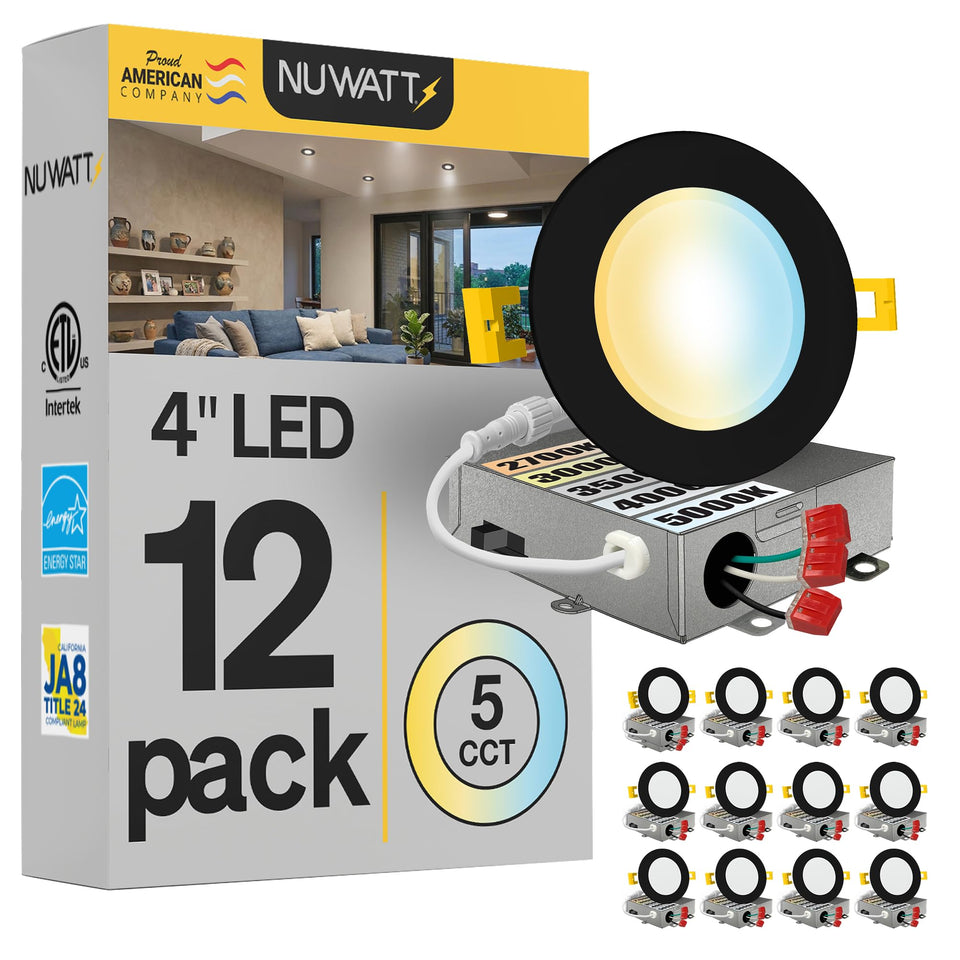 NUWATT 4 inch recessed light front view with black trim for modern spaces