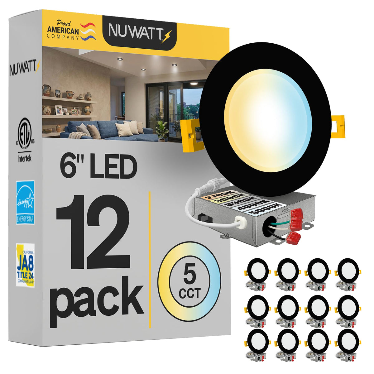 NUWATT 12-pack 6-inch black LED recessed light front view for a sleek ceiling integration