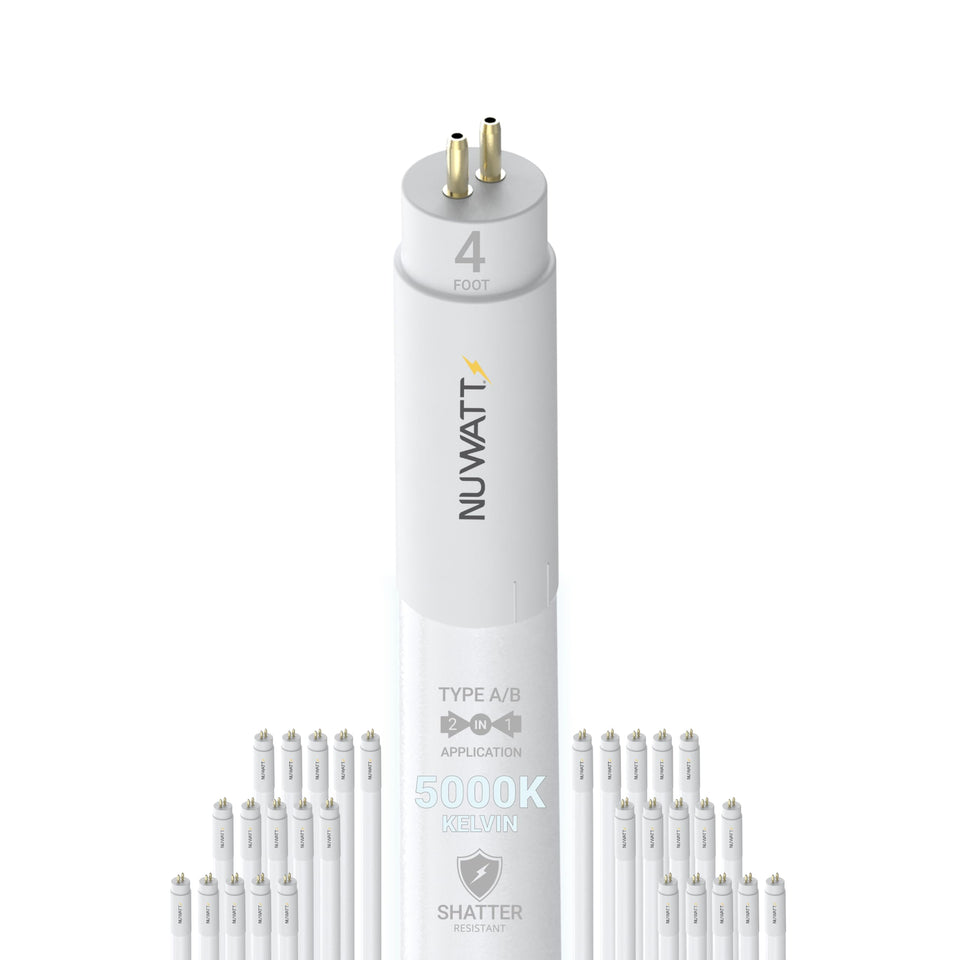 NUWATT 4ft hybrid T5 LED tube, plug‑and‑play for fast fluorescent replacement.