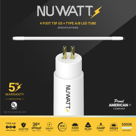 NUWATT 4ft T5 LED with shatter‑resistant glass for durable installation.