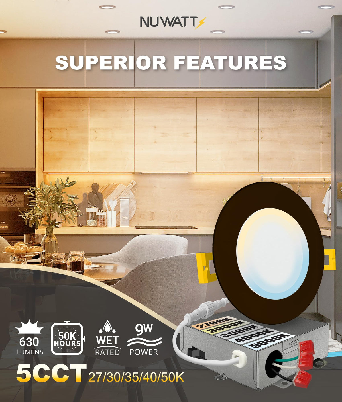 NUWATT 4-inch bronze recessed light dimmable for customizable ambience.