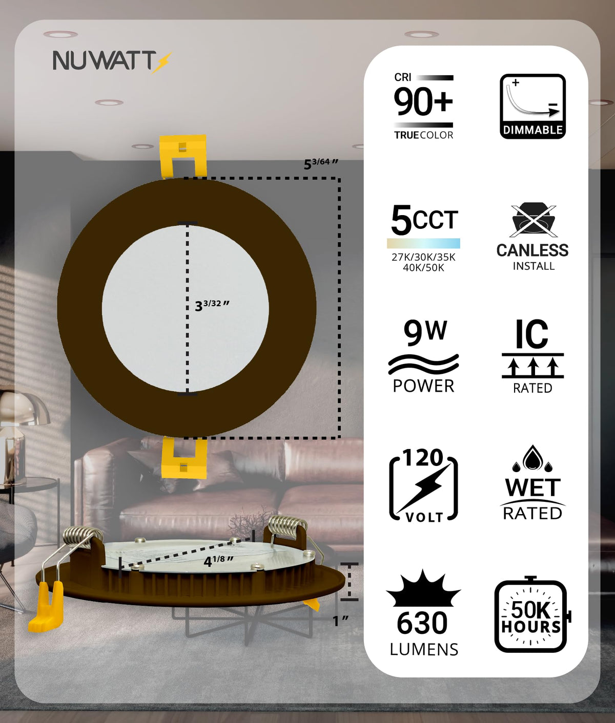 NUWATT 4-inch bronze recessed light front view showing slim profile.