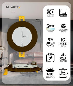 NUWATT 4-inch bronze recessed light front view showing slim profile.