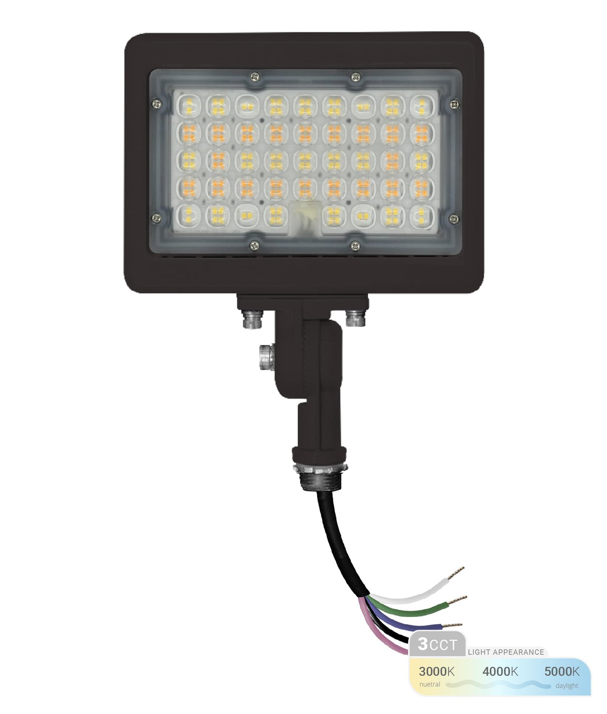 NUWATT 50W flood light frontal view with knuckle mount for precise outdoor illumination.