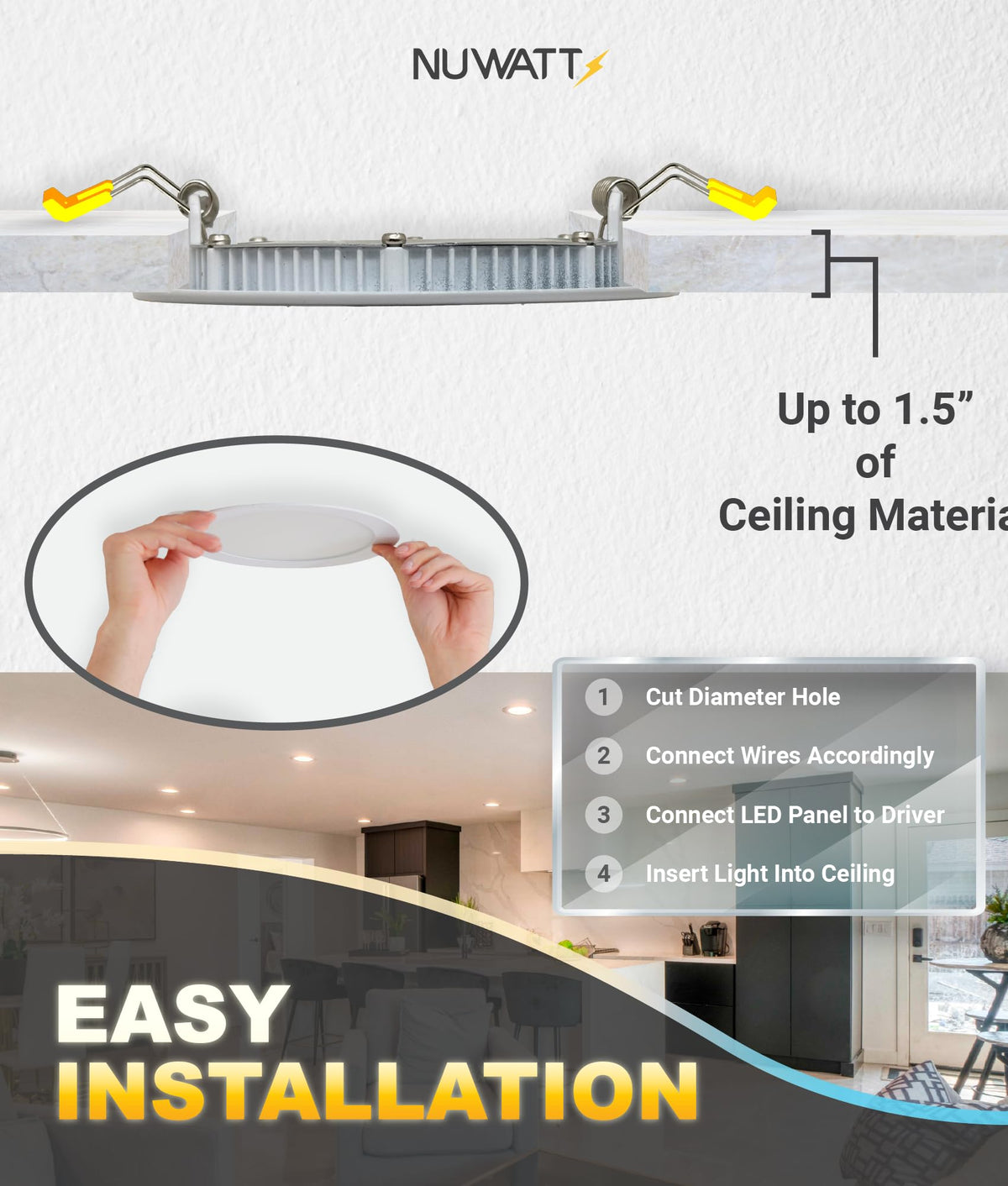 NUWATT 6in ultra-thin ceiling light fits tight ceilings