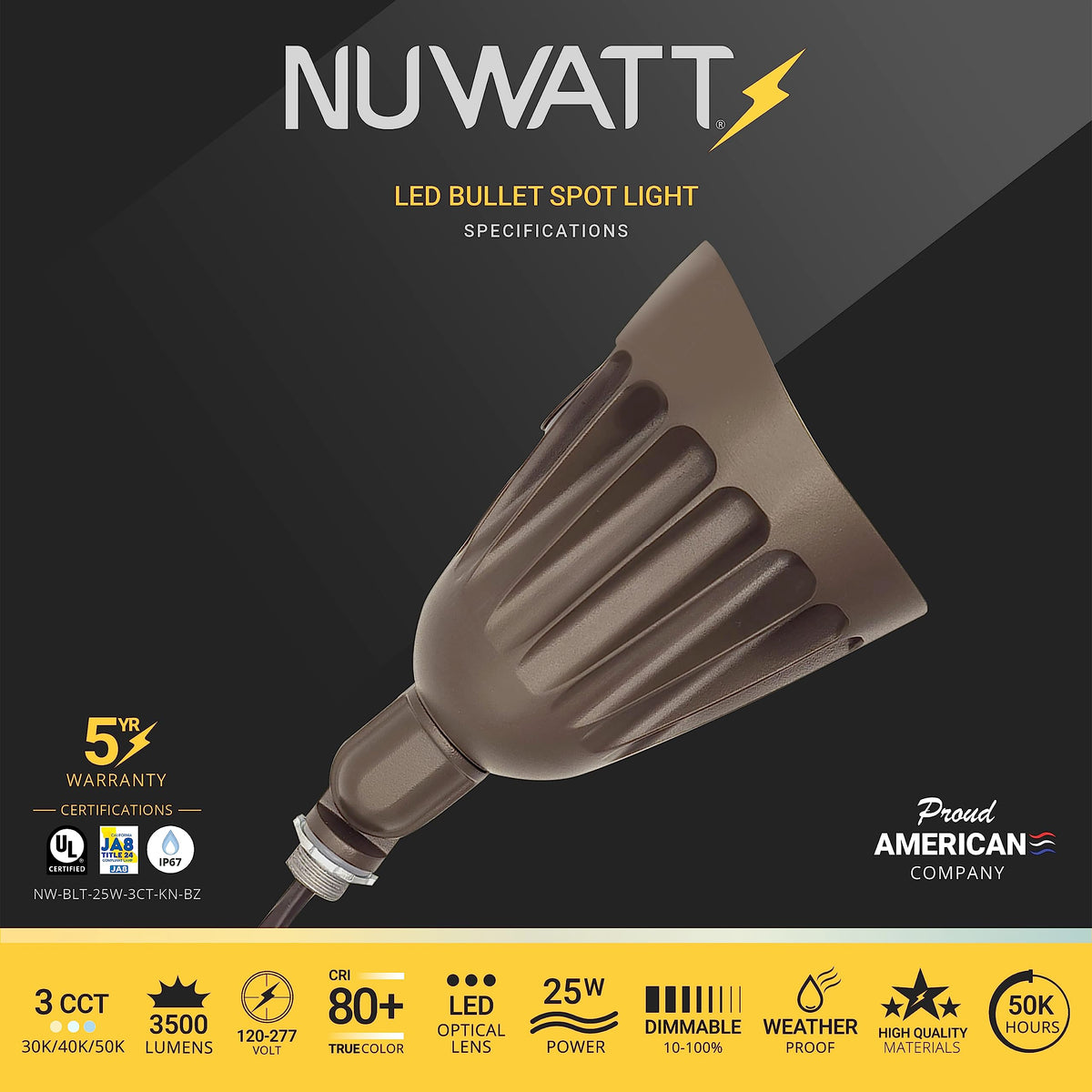 NuWatt bronze bullet spotlight highlights trees and texture from an ideal angle