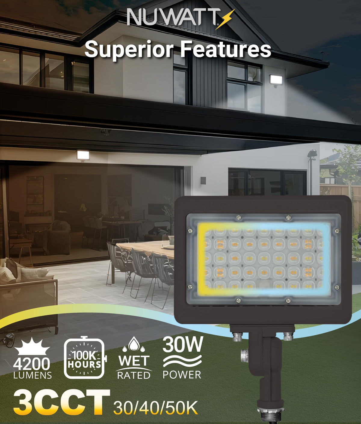 NUWATT bronze outdoor flood light complements architecture while delivering brightness