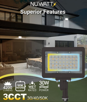 NUWATT bronze outdoor flood light complements architecture while delivering brightness