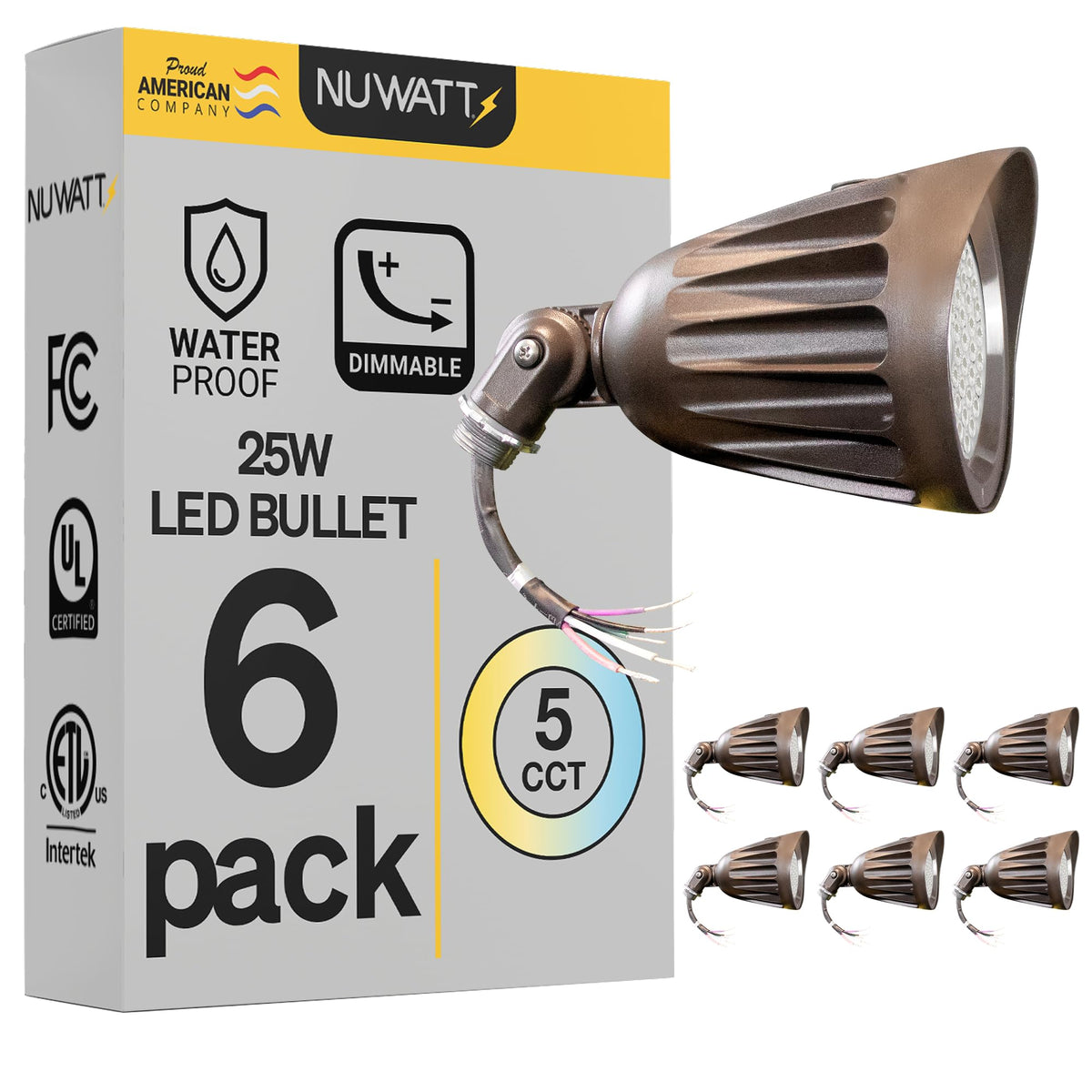 NUWATT bullet spot light front view shows bronze housing and landscape illumination