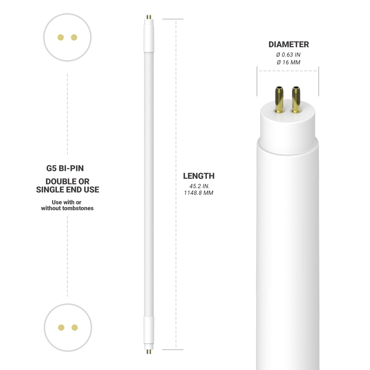 NUWATT damp‑rated T5 LED tube for indoor spaces.