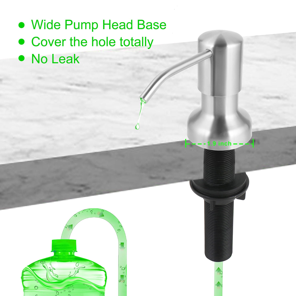 Threaded shaft passes through thick countertops for deep-counter compatibility.