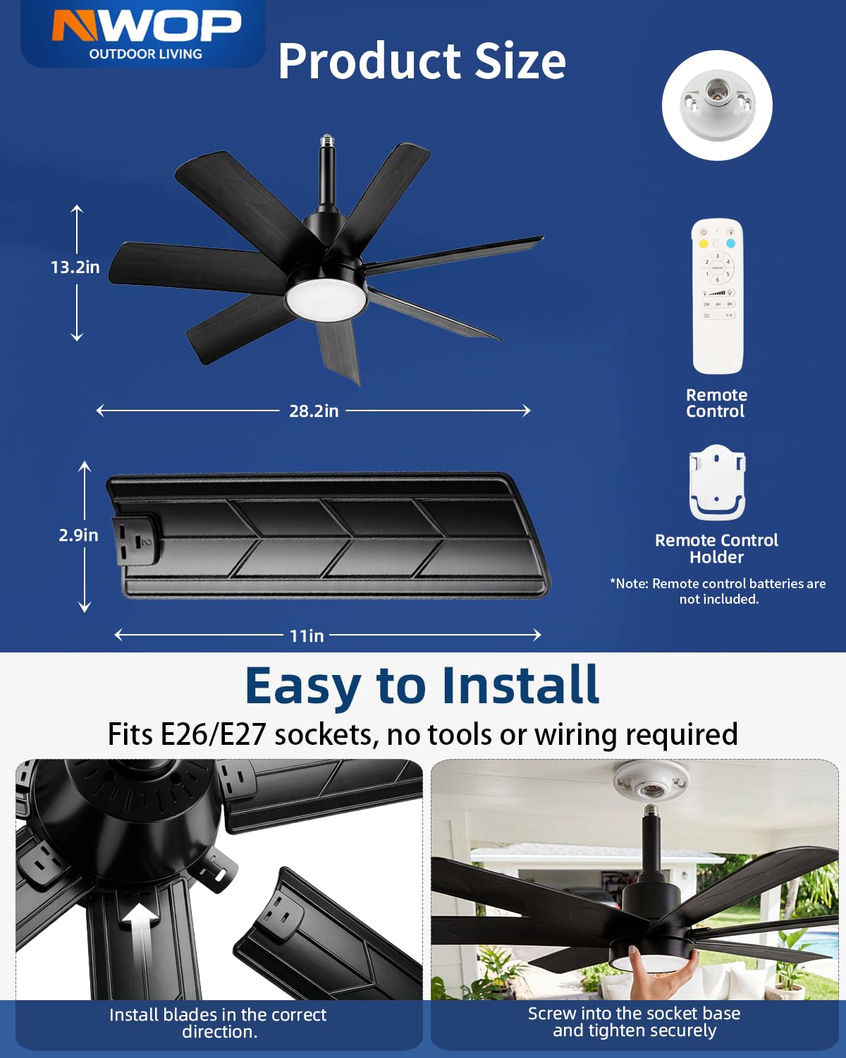 NWOP black finish ceiling fan light with LED for a sleek, space-saving setup.