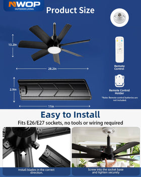 NWOP black finish ceiling fan light with LED for a sleek, space-saving setup.