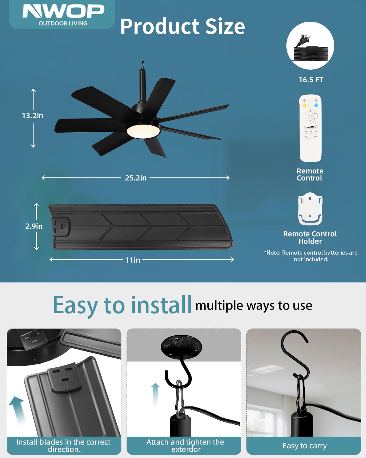 NWOP gazebo hanging fan with hook for easy outdoor mounting.