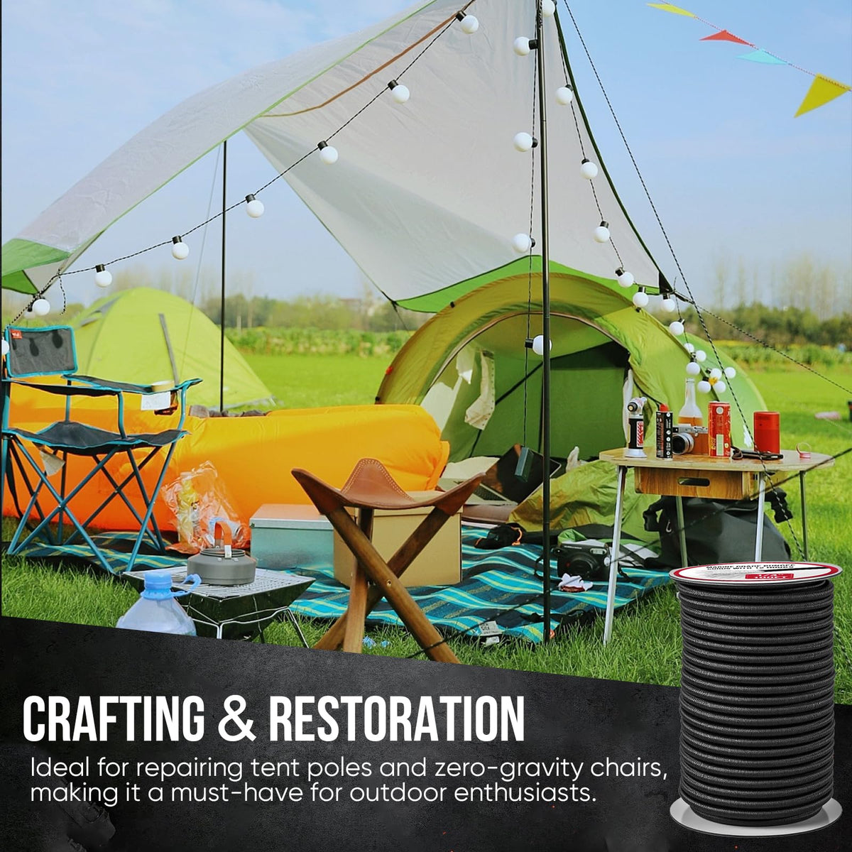 NXPPYY camping gear secured with bungee for organized outdoor trips.