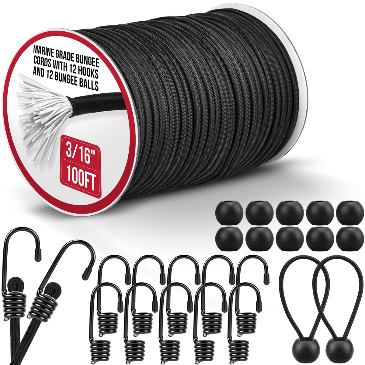 NXPPYY marine grade bungee roll with 12 hooks and balls for secure tarp setups
