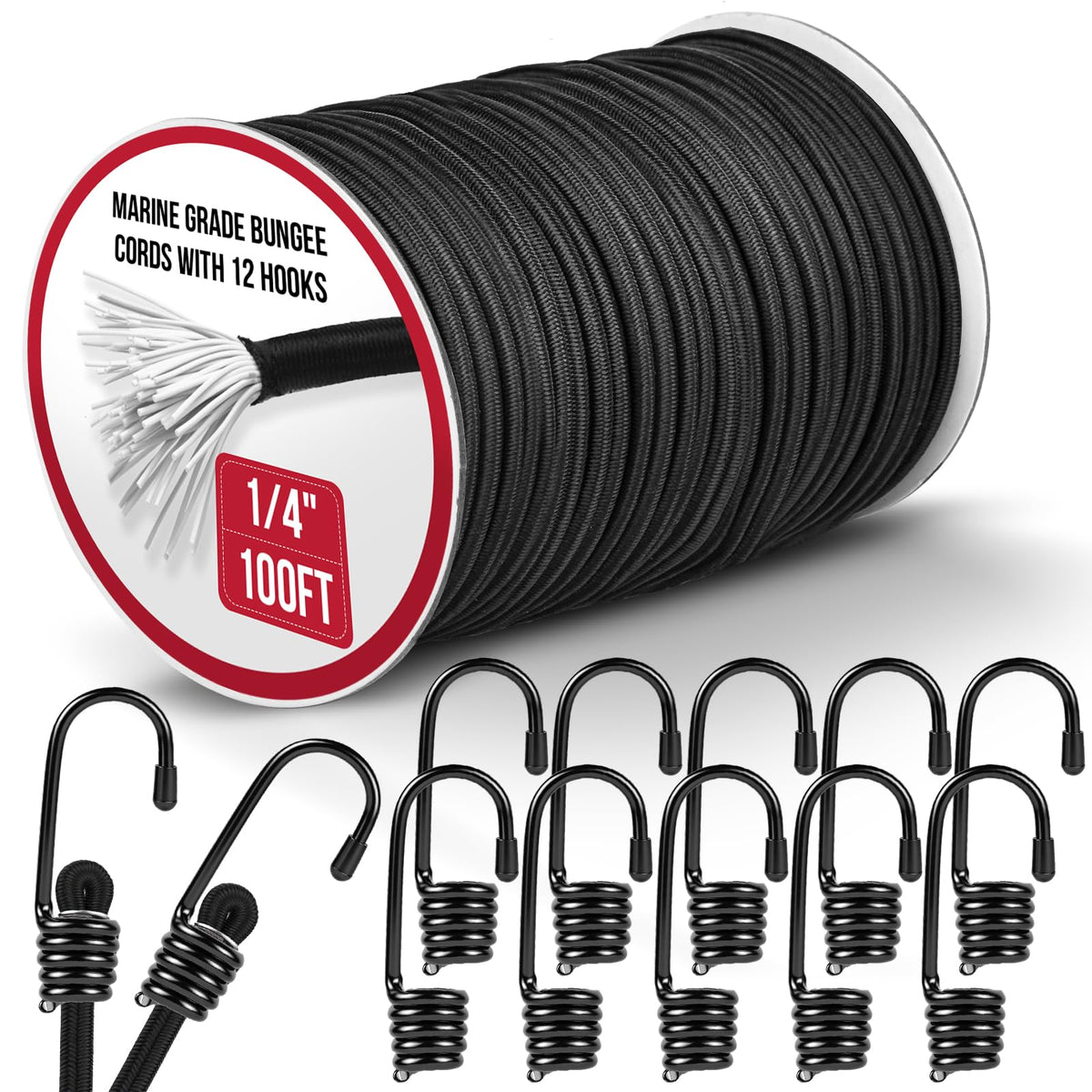 NXPPYY marine-grade bungee roll with 12 hooks for versatile outdoor securing.