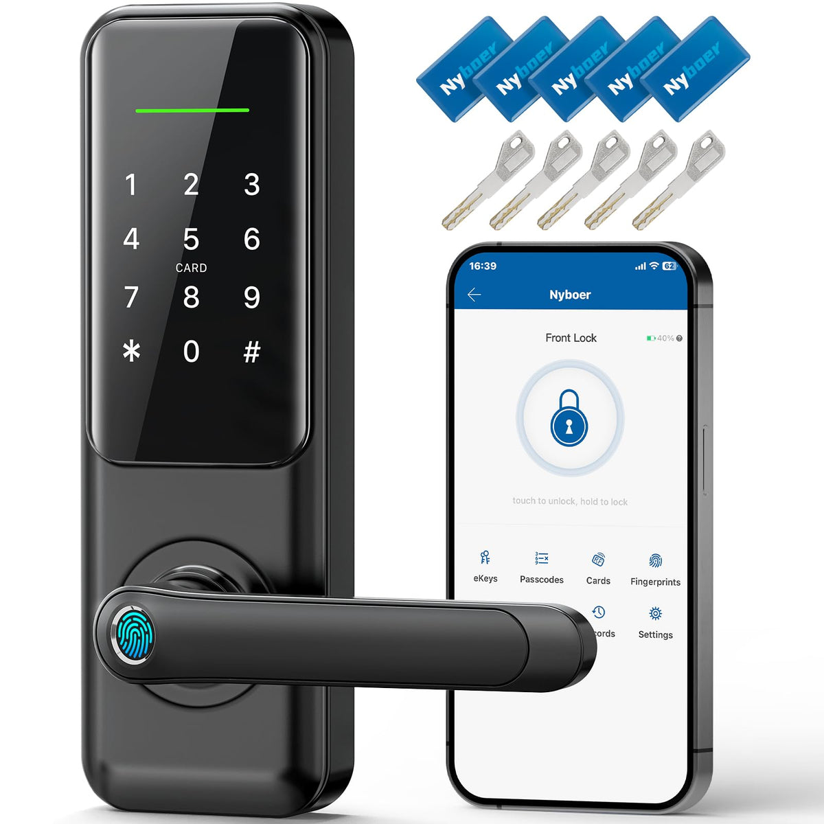 Nyboer Fingerprint Smart Door Lock front view shows clean one-piece installation