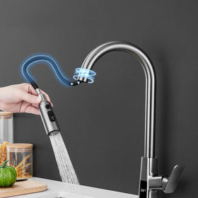 Nylon pull-out hose in black provides flexible reach for kitchen tasks.