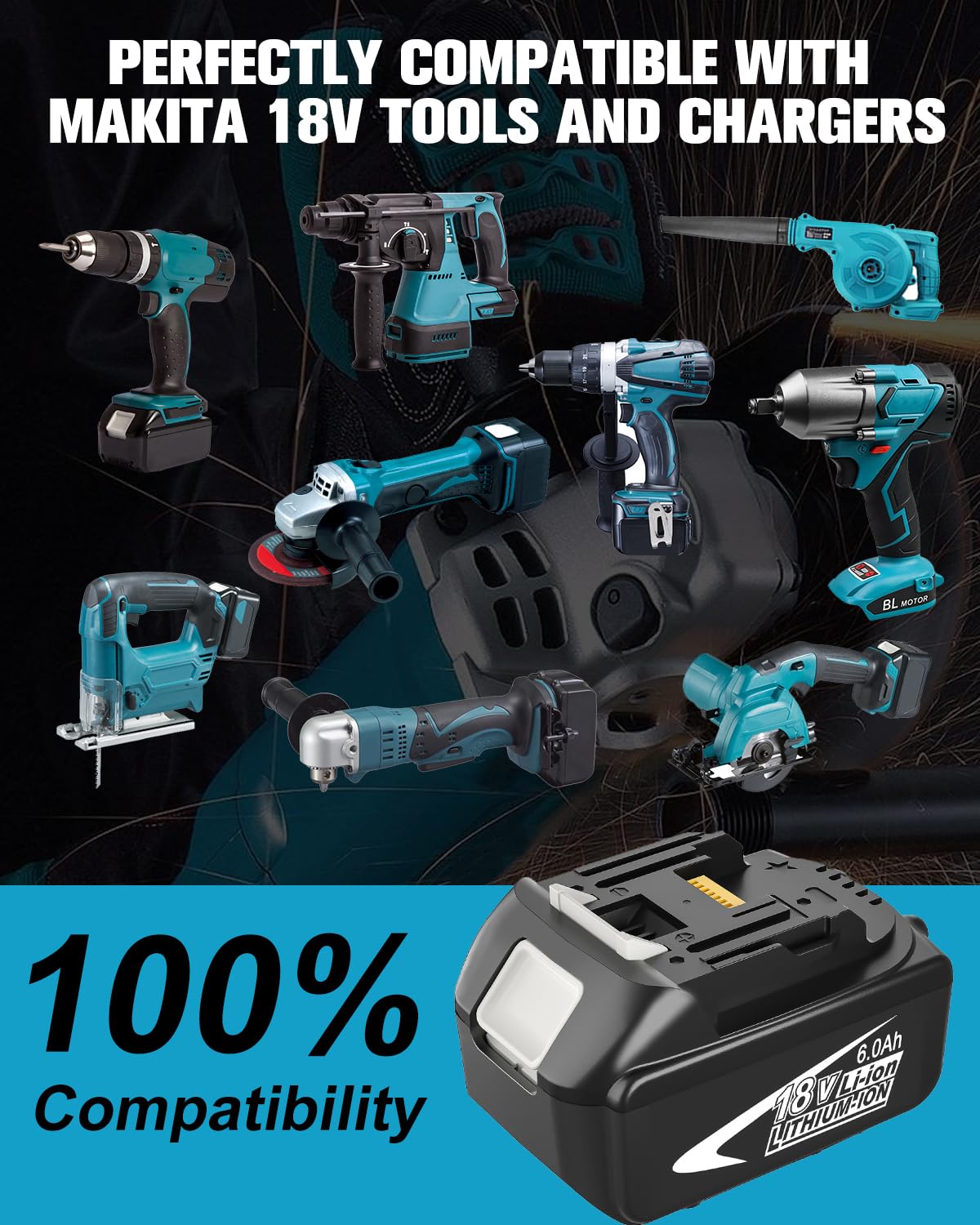 Nyveyoo 18V battery compatibility with Makita BL1860B demonstrates broad tool support