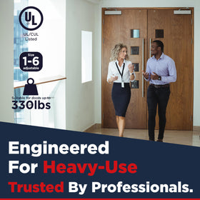 Oakmoore door closer with backcheck and soft-close prevents slam in busy environments.