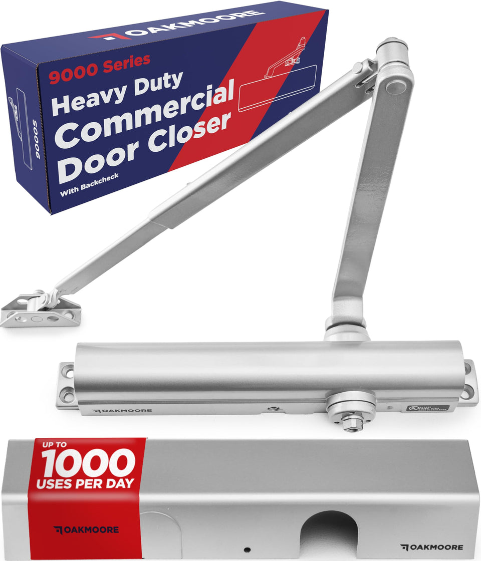 Oakmoore heavy-duty door closer in silver for high-traffic doors, delivering smooth operation.