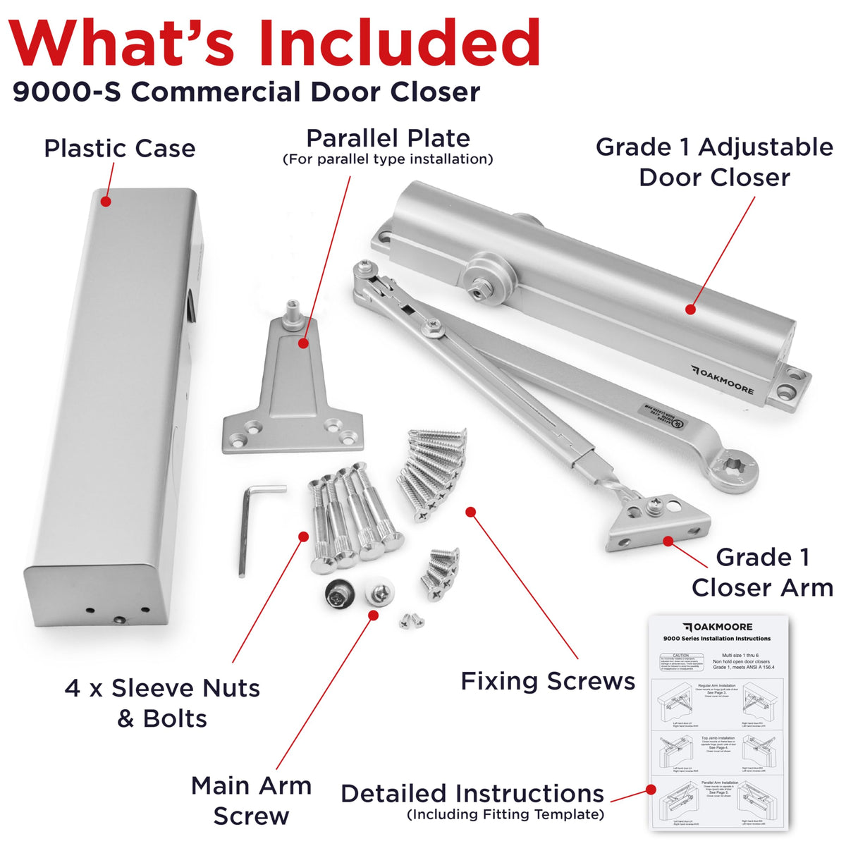 Universal mounting for wood, metal, and composite doors with Oakmoore closers.