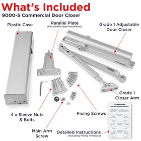 Universal mounting for wood, metal, and composite doors with Oakmoore closers.