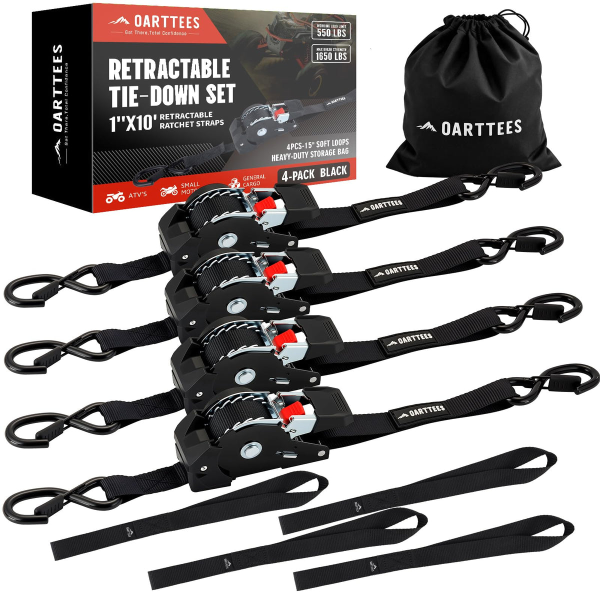 OARTTEES retractable ratchet strap four-pack close-up of the self-retracting mechanism for quick securing.