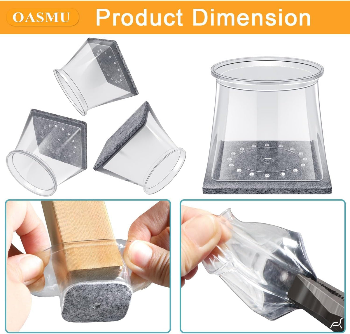 OASMU easy-install square chair leg protectors slide on without tools.