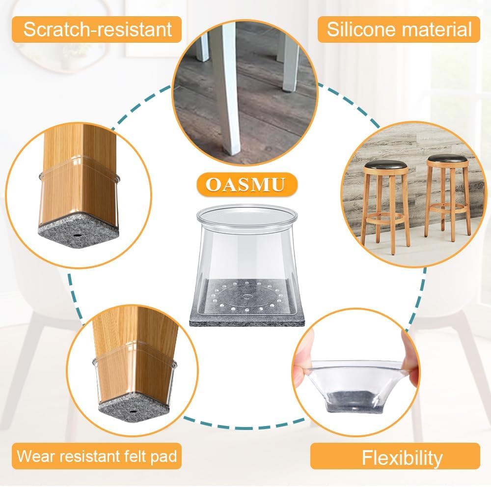 OASMU chair leg protectors reduce movement noise on hard floors.