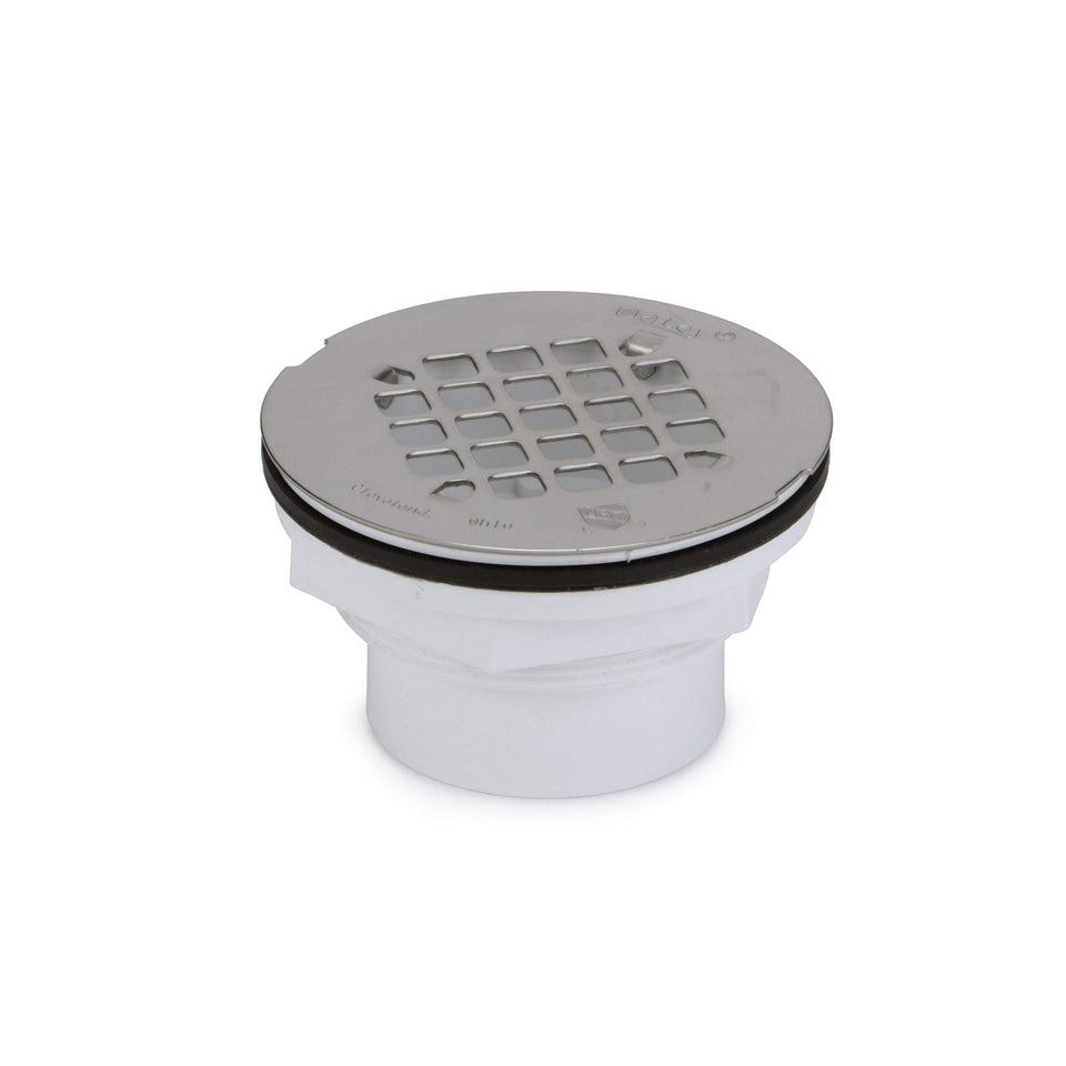 Oatey 101 PS PVC shower drain with stainless strainer for secure fitting.