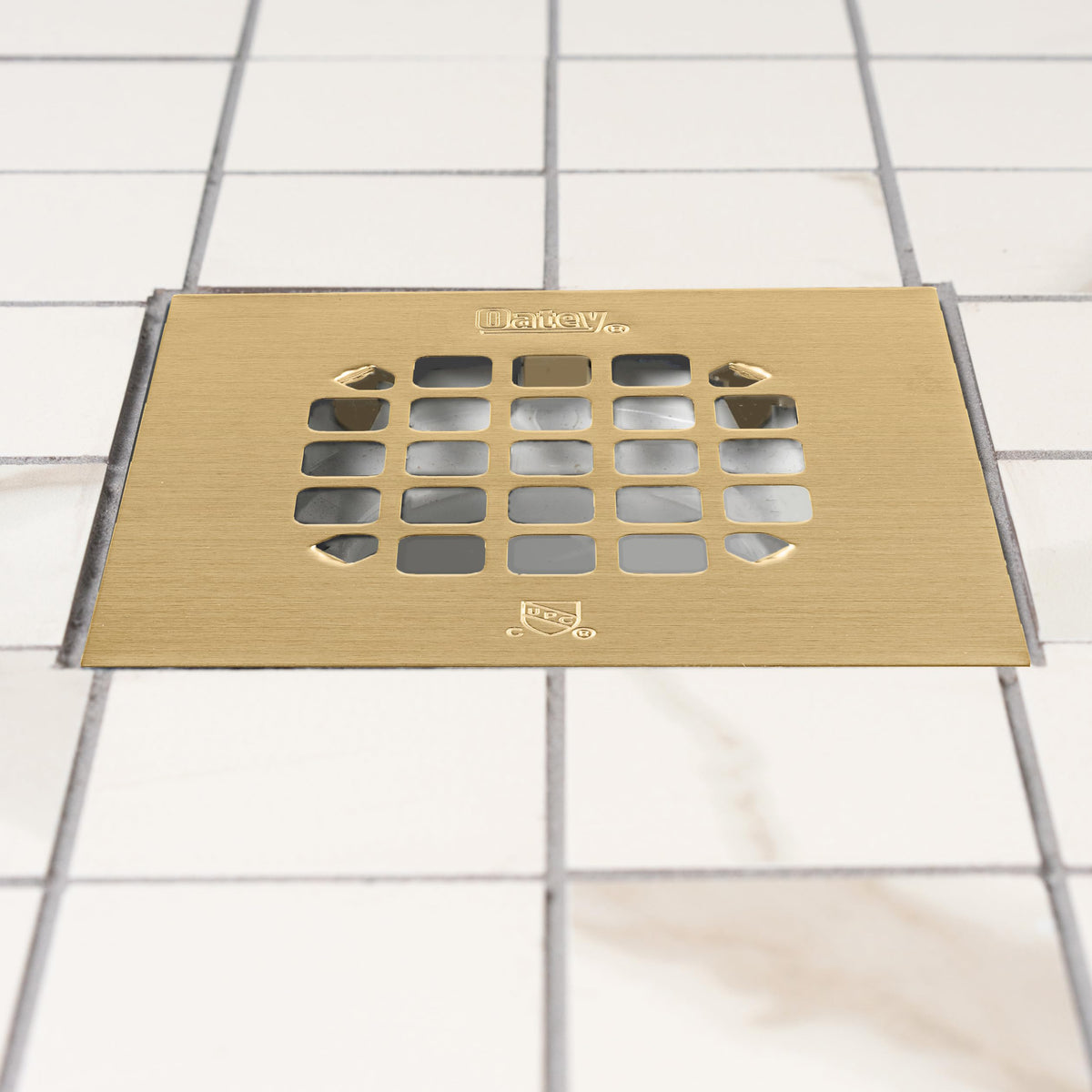 Oatey 130-series compatible square drain strainer for tile or marble showers.