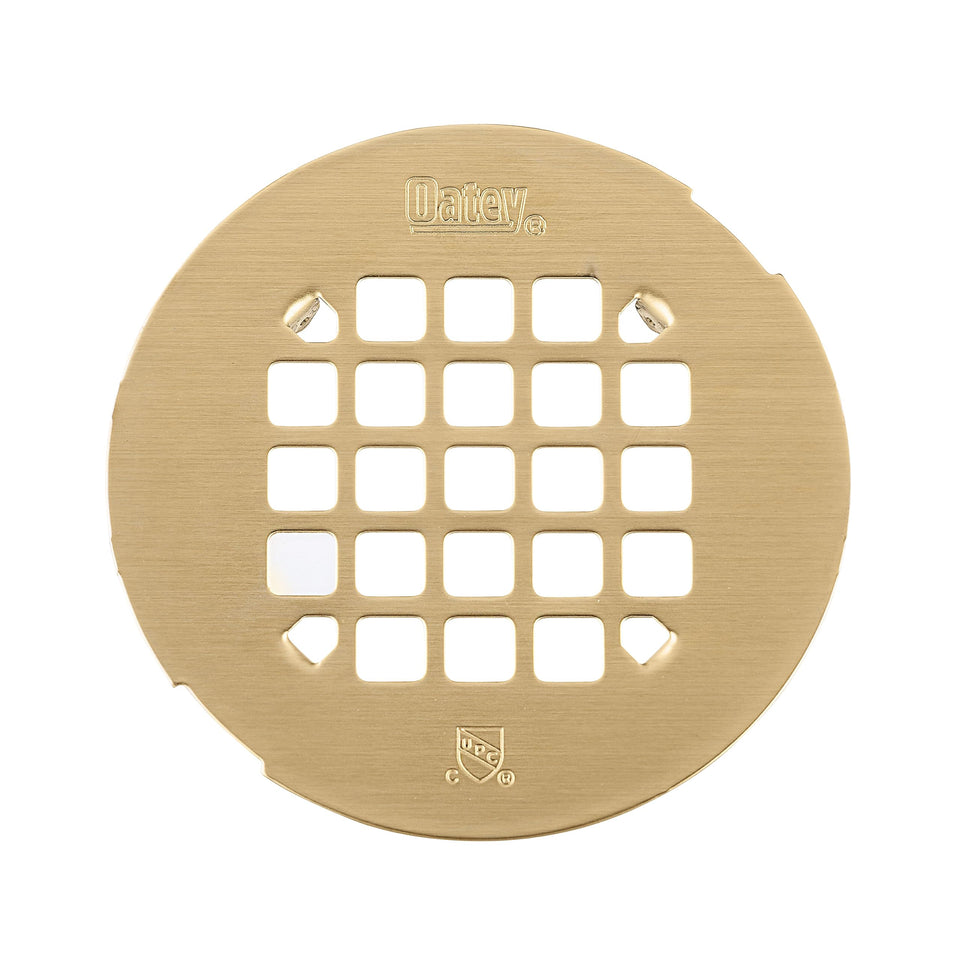 Oatey 42360 brushed gold round shower strainer fits 4-1/4 inch drains